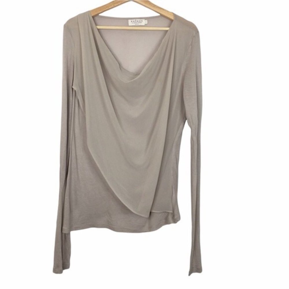 Velvet Grey Slim Rayon Woman’s Top Long Sleeve Sheer Pullover Size Petite